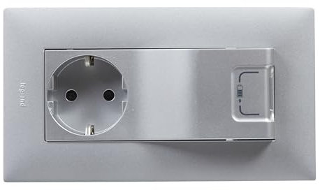 LEGRAND Enchufe 2P+T 16A y cargador USB tipo A 1A 5W componible para instalación empotrada, Gama Niloé Step, Color Aluminio, 398216