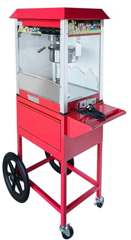 Commercial Popcorn Machine with Cart, Large Glass Cabinet, Mobile Stand, Red