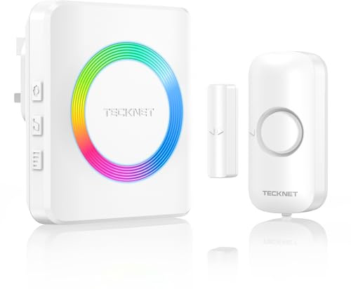 TECKNET Wireless Door Sensor Alarm 1148FT Operating Range, 61 Door Chimes, 5 Adjustable Volume with Mute Mode RGB Flash Magnetic Window and Door Alarm Sensor for Home Store Office