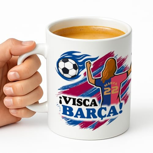 Taza personalizada con nombre y dorsal para aficionados al fútbol, regalo original para niños y adultos, personalización para chica o chico, 350 ml (Barcelona, Chica)