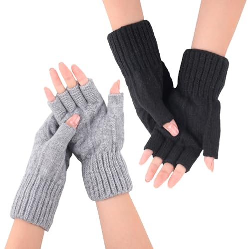 Utensilsto 2 Paar Fingerlose Handschuhe Fingerless Gloves Handschuhe Ohne Finger, Winter Warme Strickhandschuhe für Damen zum Arbeiten, Autofahren, Radfahren (Schwarz Grau)