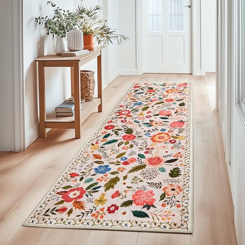 Flur Teppich Kurzflor Läufer, Blumenmuster Ultradünner, 80x150, Beige Rosa | Waschbarer Vintage, Wohnzimmerteppich Niedriger Flor Weich für Bettvorleger Matte/Deko/Schlafzimmer/Kinderzimmer