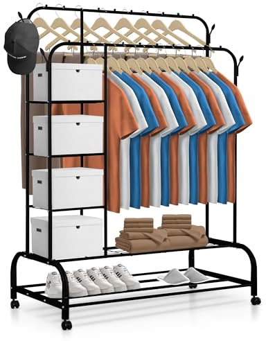 JUPPLIES Portant à Vêtements Solide à Roulettes avec 4 Étagères | Penderie Vetement Dressing sur Pieds | Charge Lourde | Rangement Chaussures