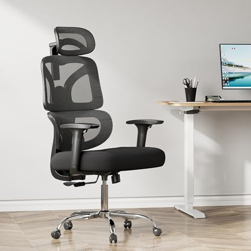 DEVAISE Sedia da Ufficio Ergonomica con Schienale Segmentato, Poggiatesta 3D Regolabile, Schienale Reclinabile a 3 Posizioni, Braccioli 3D, Rete Traspirante, Portata Massima 180kg, Nero