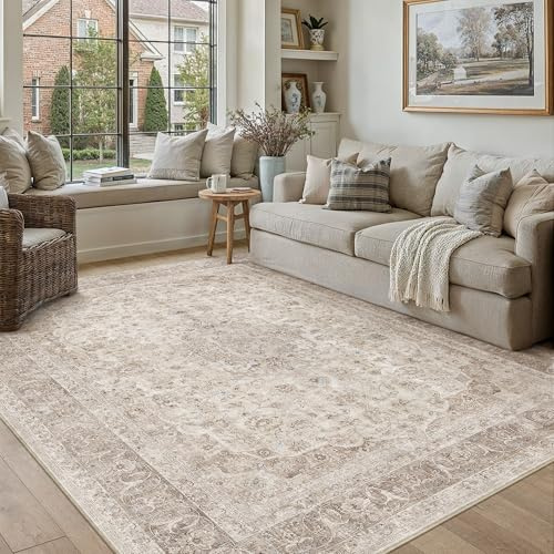 PureCozy Waschbarer Beige Teppich Wohnzimmer 140x200cm Wohnzimmerteppich | Weich Kurzflor Groß Carpet, Rutschfest, Leicht, Schlafzimmer, Esszimmer, Büro, Kinderzimmer