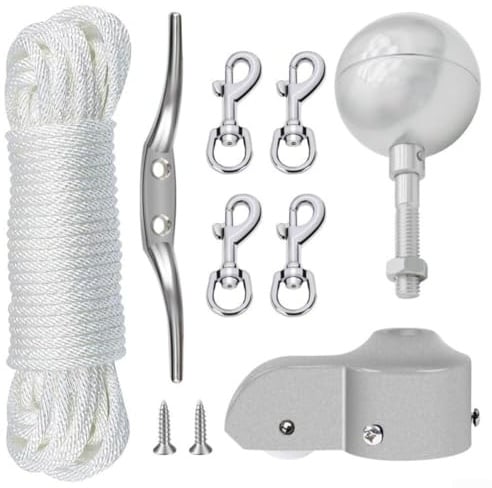 Fahnenmast-Reparatur-Set mit Aluminiumkugel, Nylon-Riemenscheibe, Allwetter-Nylonseil, Zinklegierungsklampe, vier drehbaren Drehhaken und Befestigungsschrauben