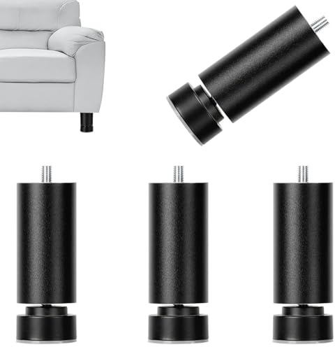 PawwJoy 4 Pièces Pieds de Meubles M10 Filetage Robustes - Pieds de Cadre de Lit, Support de Table, Canapé, Armoires - Remplacement - Noir 20cm