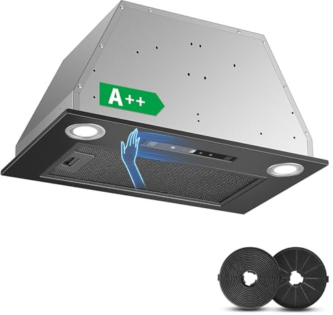 KICHPOWER Hotte Aspirante 52cm Encastrable, 400m³/h, Noir Hotte Cuisine, Gestuelle, Tactile, 3 Vitesses & Fonction Booster, Éclairage LED, Évacuation & Recyclage d'air avec filtre à charbon et conduit