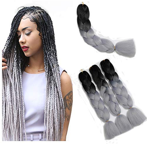 ShowJarlly Kunsthaar Haar, Haar Braids Extension, Ombre Jumbo Braid Haarverlängerung 24, Zöpfe Box Braid Haar Kunsthaar Haar Zum Einflechten Schwarzes/Silber#