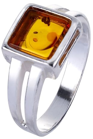 Holiday Gift Shops Ring aus Sterlingsilber und baltischem Honigbernstein, flach, quadratisch, für Erwachsene, Lottie-Größe 19