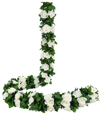 JUSTOYOU 2 Pack 7.2ft Künstliche Fake Rose Girlande Reben Hängende Seide Blumen für Outdoor Indoor Hochzeit Wand Badroom Dekoration (Weiß)