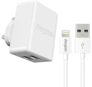 Energizer - Chargeur Secteur pour Smartphone et Tablette - 17W - 2 Ports USB-A - Prise UK. Cable Lightning Inclus