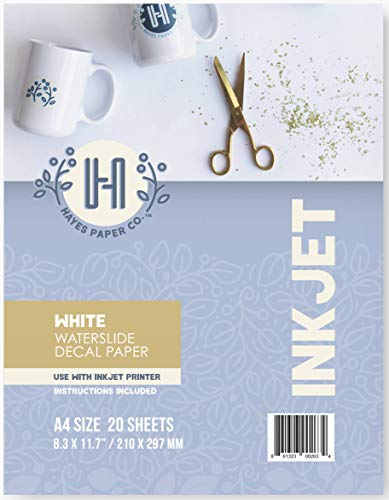 Hayes Paper, Wasserschiebefolie, Aufkleberpapier, TINTENSTRAHL WEISS, 20 Seiten Erstklassiges Waterslide Wassertransferpapier, WEISS, Bedruckbare Decalfolie, Klebefolie, A4-Größe