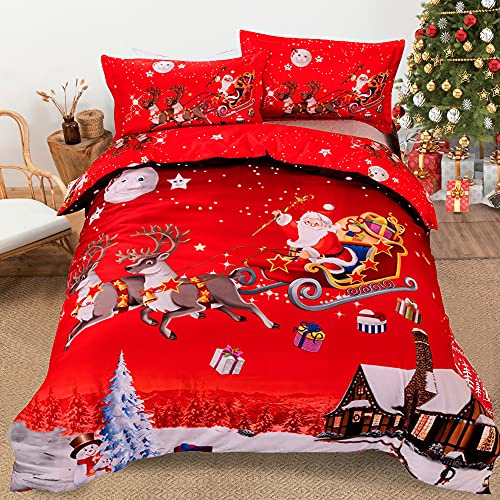 Christmas Duvet Cover Set Single Santa Claus Elk Printed Quilt Cover for Kids Teen Adult, Soft Microfiber Xmas Bedding Set Single 135×200 cm