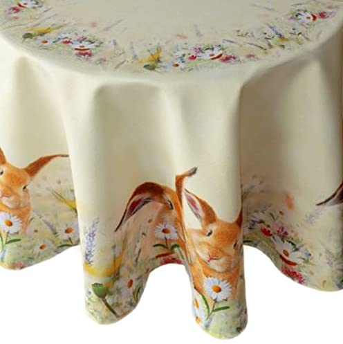 Raebel Tischdecke – Hellgelb/Mehrfarbig Stickerei Motiv Hasen auf Frühlingswiese Ostern (170 cm rund)