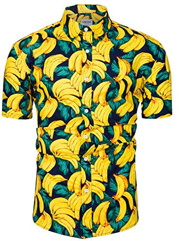 fohemr Mens Banana Print Shirt Short Sleeve Casual Yellow Fruit Print Button Down Hawaiian Summer Shirt Cotton Medium