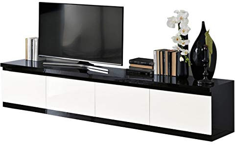 MF Mobile Porta TV Roma Nero e Bianco Laccato Lucido 4 Ante - Made in Italy, 220 x 50 x h45 cm
