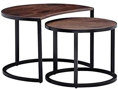FineBuy Couchtisch 2er Set Mango Massivholz/Metall Wohnzimmertisch Rund, Industrial Beistelltisch mit Metallbeine Schwarz, Tischset 2-teilig Satztisch Holz
