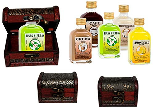Lote de 10 Botellas de Licor la Rivera (A Elegir) en Baúl de MaderaClásico. Regalos Originales. Detalles de Bodas, Bautizos, Comuniones y Eventos. DC (HIERBAS)