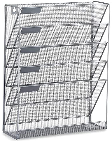 Unibos Wall Mounted Magazine File Rack Storage Rack - Paper, Letter, Document Holder - Mesh Organiser for Newspapers, Books, Stationery, Office Accessories 6 Tier (Silver)