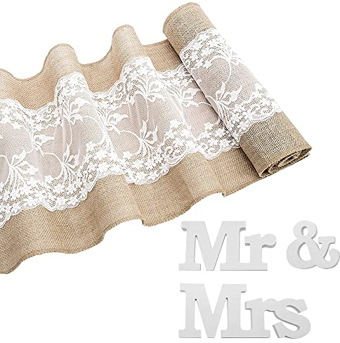 DURANTEY 2-teiliges Set Tischdecke Spitze 30 x 275cm Spitze Tischläufer Festival Juteband Tischband Jute Natürliches Juteband Tischläufer aus Sackleinen für Hochzeit Festival-Ereignis Tischdekoration