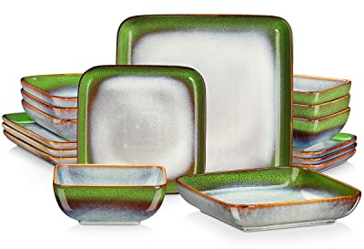Vancasso Stern Vaisselle de table en grès de forme carrée, glaçure réactive, 16 pièces, assiettes plates, assiettes à dessert, bols et assiettes creuses, pour 4 personnes, bleu-vert