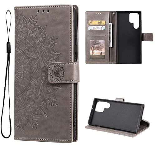 CoverKingz Handytasche kompatibel mit Samsung Galaxy S22 Ultra - Handy Case mit Kartenfach Handyhülle - Flipcase klappbar Motiv Mandala Grau