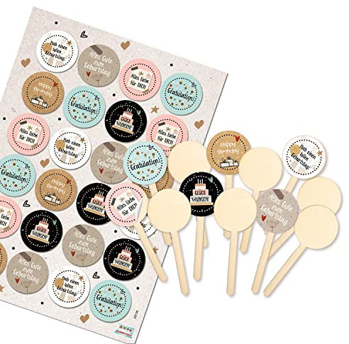 Logbuch-Verlag 12 kleine Muffin Kuchenstecker für Geburtstage - Cupcake Topper + Aufkleber GLÜCKWUNSCH, HAPPY BIRTHDAY 9 cm Ø 4 cm