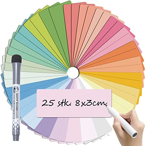 VERSELINE Magnetstreifen beschreibbar, 8X3cm 50Stk. abwischbare Magnete, Selbstklebend Magnetschilder zum beschriften, Magnet-Etiketten inkl. 1 Marker für Whiteboards Kühlschränke, Magnettafel 25Farbe