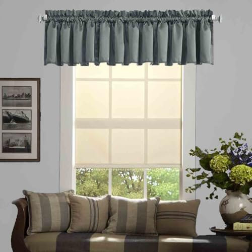 Ladity Blackout Valance for Living Room, Rod Pocket Curtains for Small Window, Room Darkening Kitchen Valance, Single Panel, Dark Grey