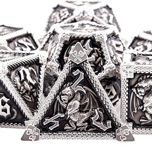 SIQUK 7-teilige Metallwürfel für polyedrische DND-Würfel mit Box D20, D12, D10, D%, D8, D6, D4, Würfelset für Dungeons and Dragons, Rollenspiel, RPG, MTG, Brettspiele (schwarz mit silberfarbenem Rand)