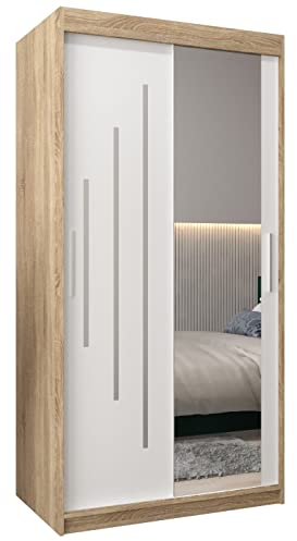 ABIKSMEBLE York 2 100 Armario 2 Puertas Correderas para Dormitorio - Armario Moderno con Espejo, Barra y Estantes - 100x200x62 cm (Ancho x Alto x Fondo) - Sonoma + Blanco Mate