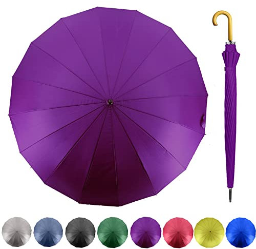 MRTLLOA Sombrillas grandes resistentes al viento de 52 pulgadas para lluvia, 16 varillas, mango de madera J, tela de alta densidad 210T (52 pulgadas, morado)