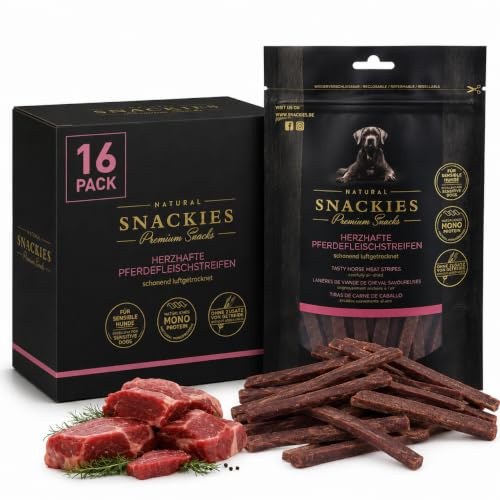 SNACKIES 16er-Pack (à 170g) Hundeleckerli Pferdefleischstreifen Premium Snacks für Hunde ohne Zusatz von Getreide, Zucker, Farb-, Aroma- und Konservierungsstoffe, luftgetrocknete Leckerli
