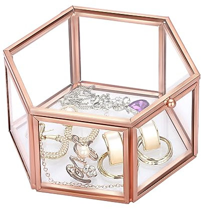 Hipiwe Schmuckkästchen aus Glas, sechseckig, Vintage-Stil, Aufbewahrungsbox, Aufbewahrungsbox, Aufbewahrungsbox, für Schmuck, Ringe, Ohrringe, Truhe, Roségold, Größe M