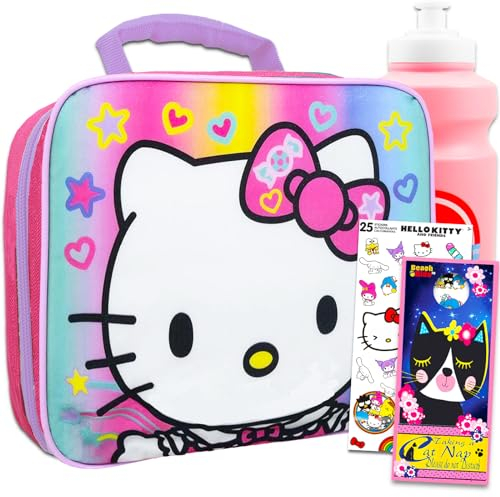Hello Kitty Juego de lonchera para niñas, paquete con bolsa de almuerzo Hello Kitty más calcomanías, botella de agua, más | Contenedor de almuerzo Hello Kitty
