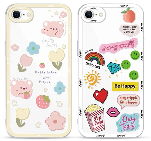 Yoedge 2 pezzi Cover per iPhone 8/7/ SE 2022/ SE 2020 4,7 - Custodia Fiore Smiley Face Trasparente Orsi Aesthetic Disegni, Custodie per Cellulare in Silicone per iPhone SE 3 case Ragazza Donne