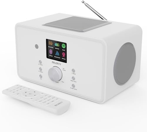Bluetooth Internet Radio with DAB+ | 100 Watt 2.1 Speakers with Built-In Subwoofer | FM Radio, Spotify Connect, Podcasts | AUX & USB | Dual Alarm, 90+ Presets & Remote Control | MAJORITY Bard (White)