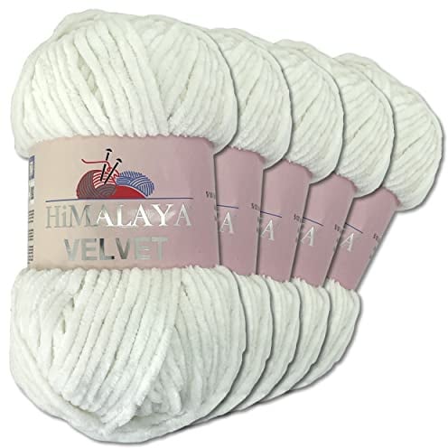 Frida's Wollhaus Himalaya 5 x 100 g Velvet Chenille-Wolle Handarbeit Amigurumi 42 Farben (90063 | Weiß)