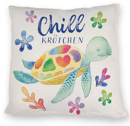 speecheese Schildkröte Kissen mit Spruch Chillkrötchen EIN buntes DekoKissen für die Couch KuschelKissen Chillkrötchen Kinder Bunte Turtle Regenbogen Unterwasser glücklich Sofa bunt niedlich
