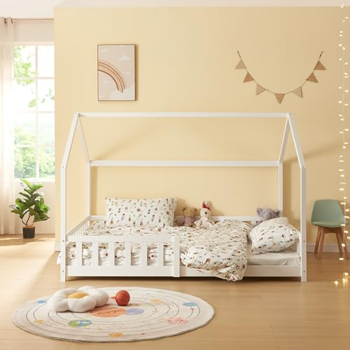 [en.casa] Kinderbett Hesel Hausbett mit Matratze 120 x 200 cm Weiß mit Rausfallschutz und Lattenrost Montessori Bodenbett Jugendbett Holzbett