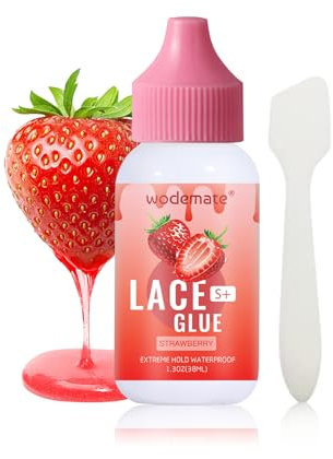 wodemate Colle Perruque, Lace Wig Glue, Colle Liquide, Adhésif Professionnel Tenue Forte Invisible Imperméable pour Perruque en Dentelle, Postiches, Fausses Barbes et Moustaches 1.3OZ Odeur Fraise