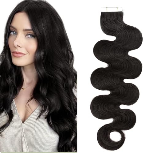 SEGO Tape Extensions Echthaar GEWELLT 16 zoll/ 40 cm 20 Stück Klebeband Haarverlängerung 100% Remy Haar 50G mit 10 PCS Ersetz-Tape Naturschwarz#1B