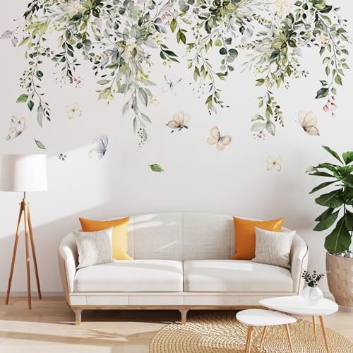 Dokeno Pegatinas de Pared de Plantas, Calcomanías de Pared de Hojas Verdes Mariposas Flores, Plantas Mural de Vid Colgantes Adhesivos Decoración de Pared para Salon Dormitorio