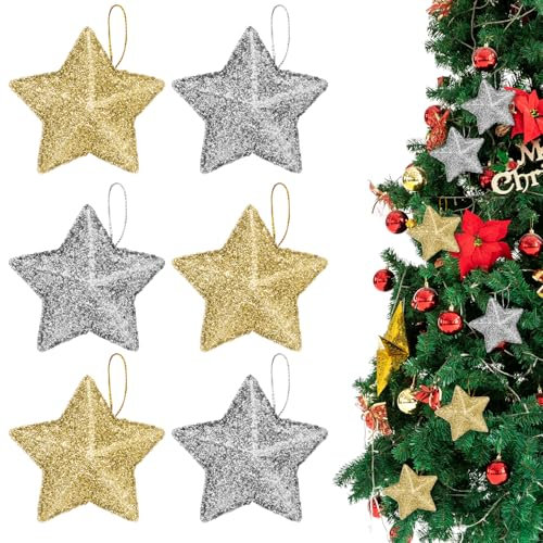 Christmas Tree Decorations, 12pcs Star Christmas Tree Hanging Decoration Small Glitter Xmas Star Pendant Ornament Hanging Stars for Xmas Party New Year Holiday Decor Y7WJXGJ (goldsilver)