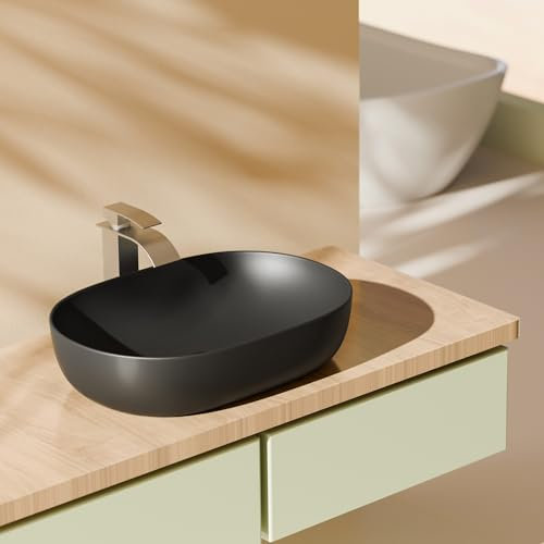 EMKE Lavabo Ovalado de Encimera, 60 x 41 x 13 cm, Negro Mate, Fácil de Instalar y Limpiar, Lavamanos Resistente a Rayaduras para Baño, Mueble Lavabo para Baño y Aseo de Invitados