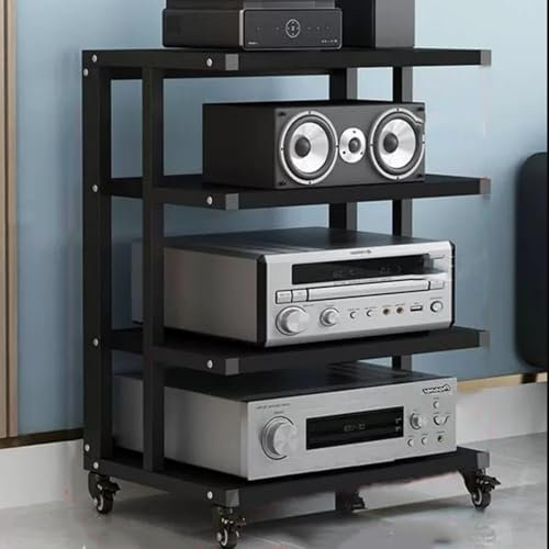 4 Tier Black Audio Stand Hifi Rack with Brake Wheel Corner AV Cabinet for Media and Components Open Stereo Tower for Audio and Video Adjustable Shelf Height Modern Audio Storage Solution