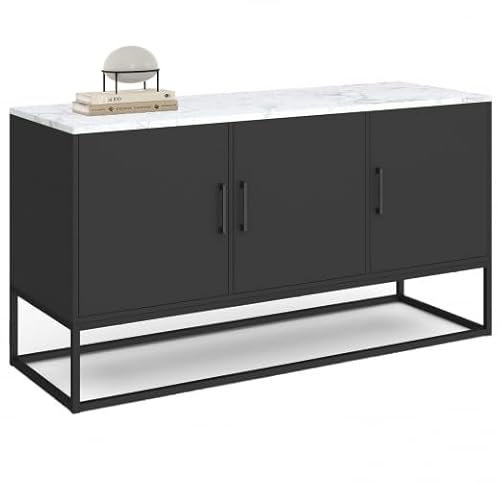IDMarket - Buffet Bas 113 cm Alaska 3 Portes Noir Plateau Effet marbre Blanc