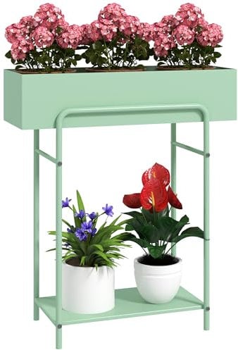 Outsunny 2 Tier Plant Stand, Metal Plant Rack Shelf with Drain Holes, Floor-standing Flower Pot Stand for Indoor Outdoor Garden Patio Balcony Living Room, Green