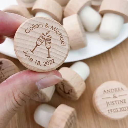 Tapones de botella de vino personalizados para bodas, tapas de botellas de vino personalizadas de madera, decoración de boda, tapones de vino personalizados (100 unidades)